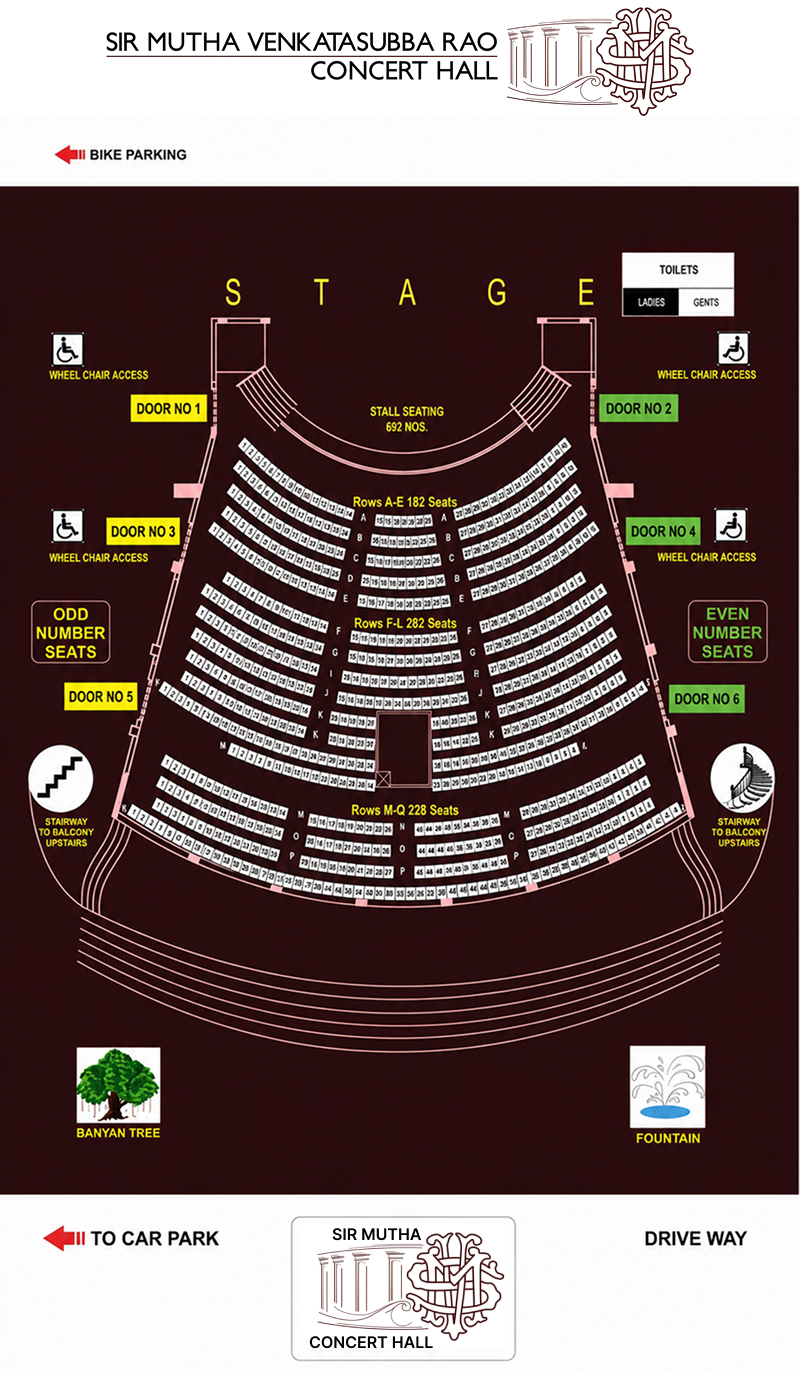 Concert Hall layout showing doors, seating sections, wheelchair spaces and restroom locations